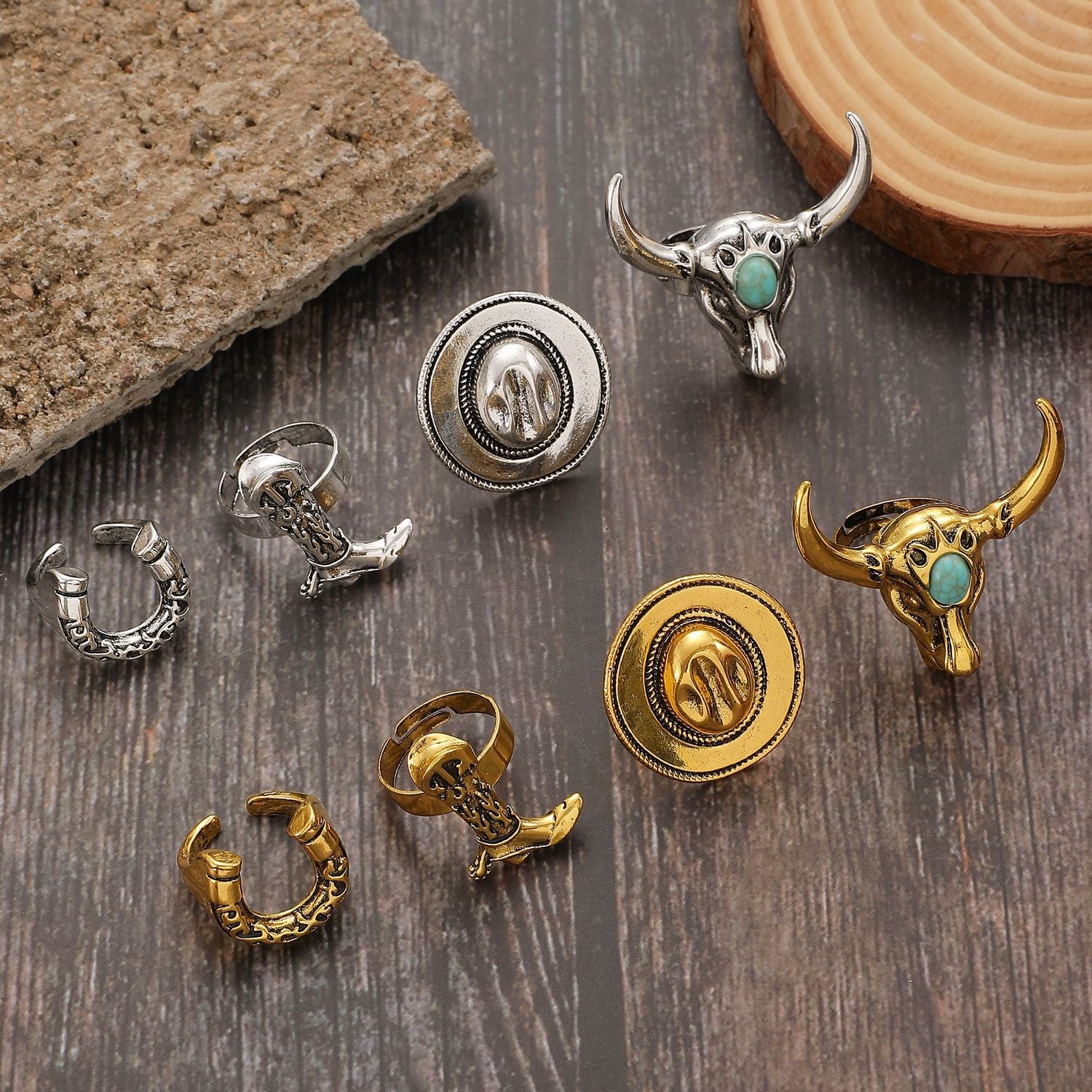 Wholesale Retro Western Cowboy Alloy Boots Hat Bull Head Horseshoe Set Ring